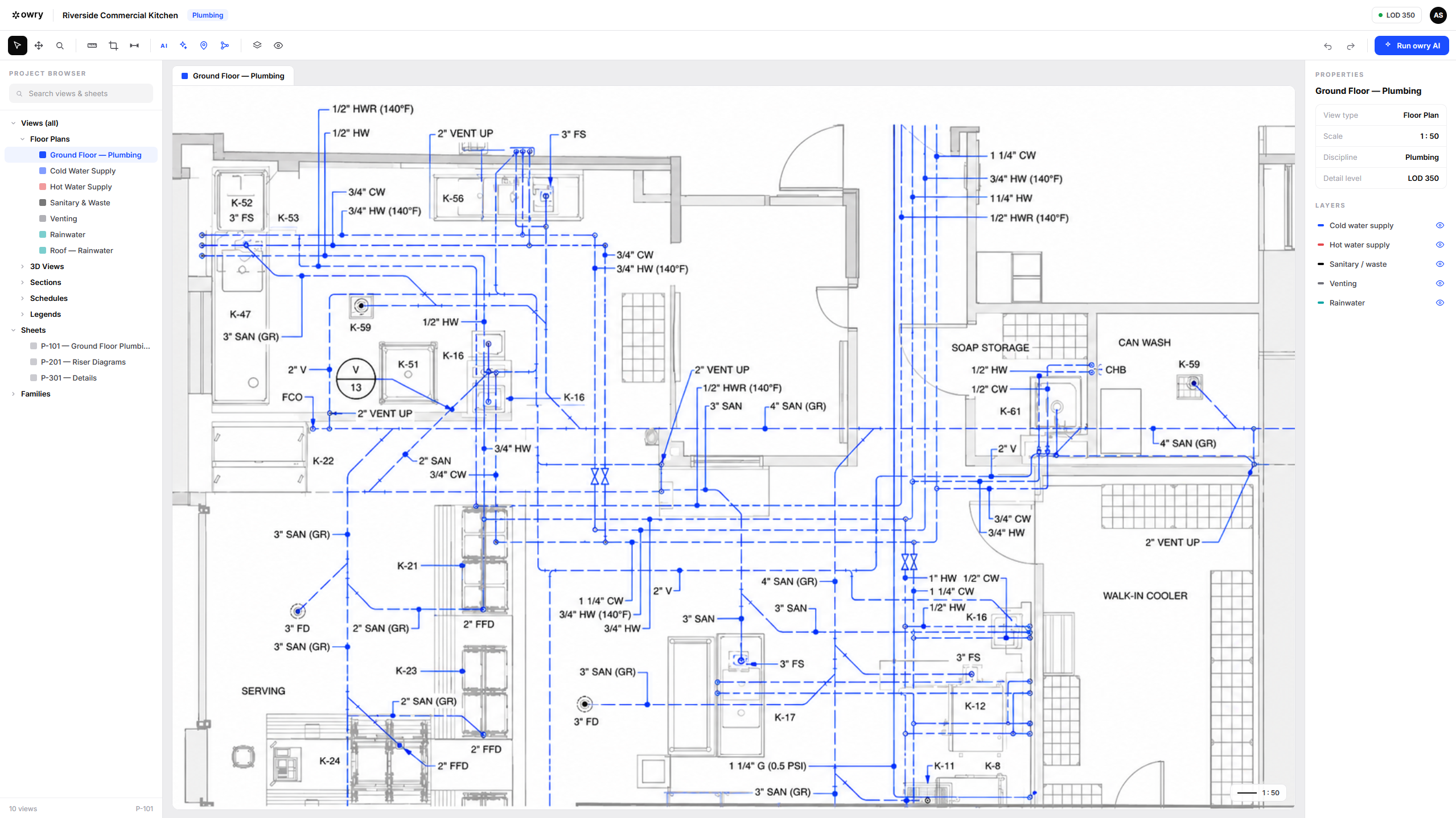 Owry workspace showing a 3D BIM model with clashes detected and automatically resolved